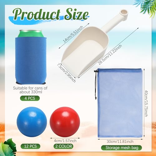 RoundFunny Outdoor Beach Toss Accessories Set and Must Haves 12 Beach Balls 2 Plastic Sand Shovels 4 Cup Sleeves 1 Mesh Bag for Family Adult Friends Summer
