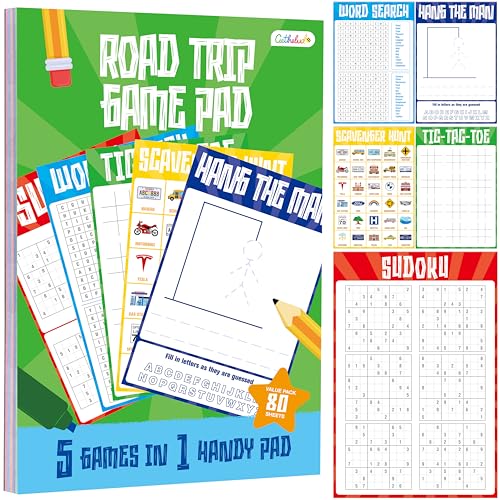 Road Trip Game Pad, 80 Perforated Sheets Travel Activity Pad, 5 Games in 1 Pad, Plane, Car Trip Activity, Pen Pencil & Paper Game for Kids, Adults (6” x 9”) - style: Trip Activity