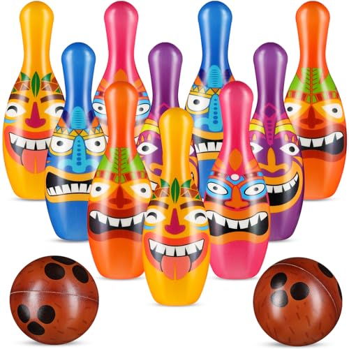 12 Pcs Bowling Set, 10 Soft Pins and 2 Cocout Balls for Kids Toddlers Tropical Hawaiian Luau Summer Birthday Party Games Indoor Outdoor Activities