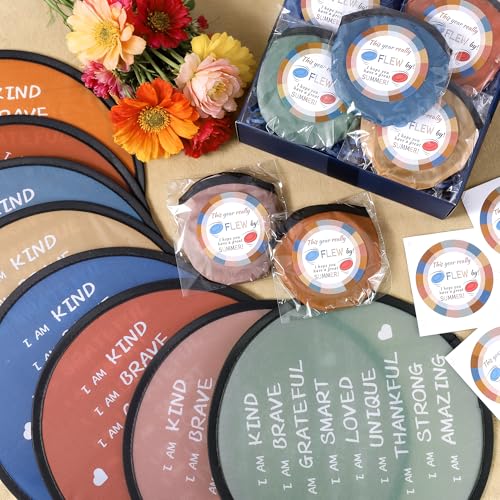 End of the Year Gifts for Students Bulk Foldable Flying Disc Fans Set with Stickers Bags, End of Year Student Gifts from Teacher Beach Fun Folding Pocket Hand Fans for Outdoor Activities Games - style: 24 Pcs Inspirational Flying Disc Fans-C