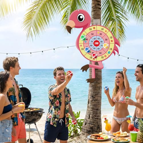 29" Large Flamingo Dart Board,Hawaii Dart Board Set Hello Summer Dart Shooting Fun Party Play Game Toys Tropical Party Supplies with 12 Stick Balls, Hook