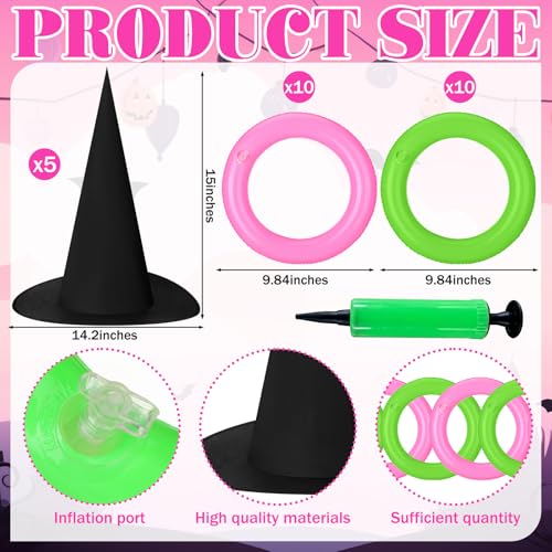 Leitee 25 Pcs Witch Hat Ring Toss Games Set Halloween Party Favors Pink and Green Party Decorations 5 Black Oxford Fabric Wizard Hats with 20 Inflatable Rings for Girls Women Birthday Movie