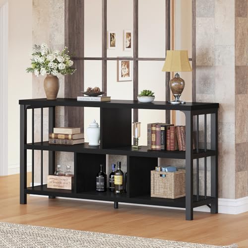 IBF Horizontal Cube Book shelf, Industrial Modern Open Bookshelf, Low Wide Home 5 Cube Storage Organizer Long Shelf for Bedroom, Short Wood and Metal Cubby Book Shelf for Living Room, Black Oak, 47 In - color: Black Oak, size: 47 inch