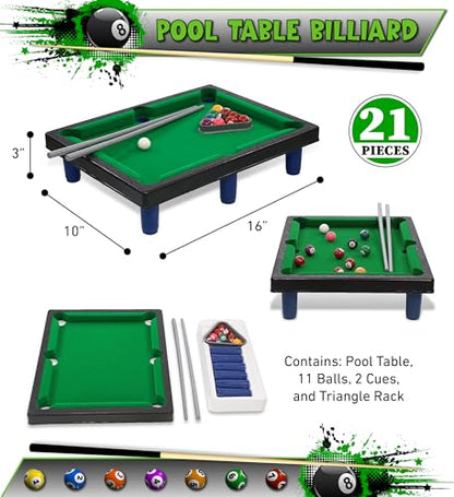 Mozlly Miniature Pool Table Set - Adult and Kids Billiard Set, Mini Pool Table Classic Playtime Set, Includes Portable Small Table, Balls, Cues, and Triangle - 8.1x4.5 Inches