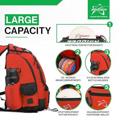 Prodigy Disc BP-1 V3 Disc Golf Backpack | Backpack Storage with 30+ Disc Capacity | Disc Golf Backpack Bag | Tear & Water Resistant | Golf Accessories for Men | Large Golf Disc Bags - color: Red