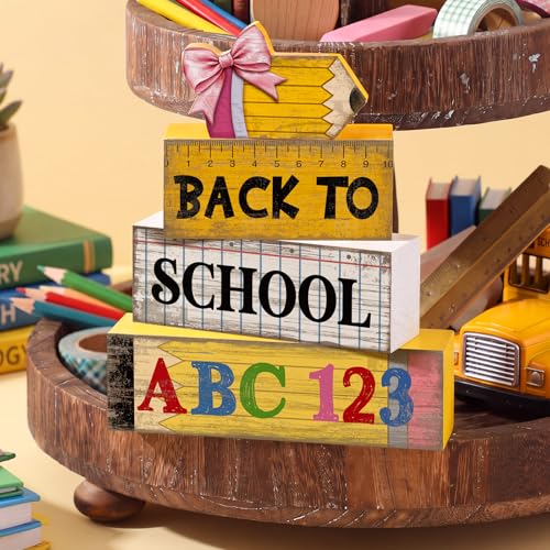 Lineshading 4 Pcs Back to School Table Decorations Wooden Pencil Stacked Block Decor, "ABC 123" Signs with Pencil Topper, Rustic Back to School Tiered Tray Decoration for Home Classroom Teacher Desk - style: Back to School 2