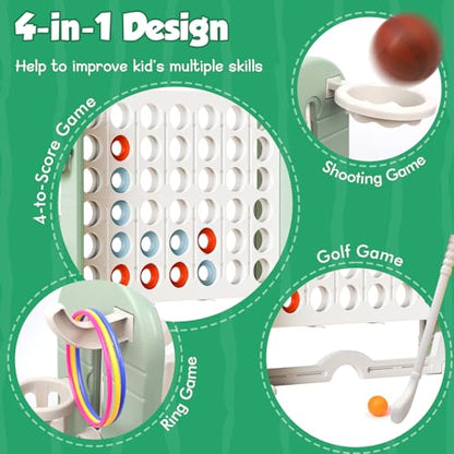 Ancaixin Giant 4 in-A-Row Connect Game Set, Adjustable Height Jumbo Yard Game with Basketball Hoop, Golf, Mesh Pocket & Ring Toss, Indoor Outdoor Family Backyard Party Game for Kids and Adults, White - color: White