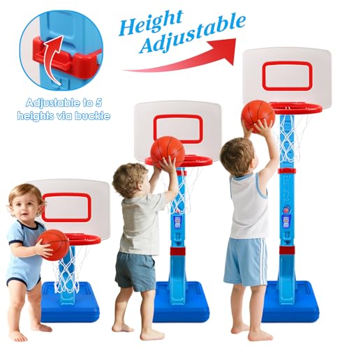 Toddler Basketball Hoop Indoor Outdoor - Height Adjustable 27.6-54 Inches (5 Slots), Kids Basketball Hoop with 4 Inflatable Balls & Pump, Safe Toddler Toys for 1-6 Year Old Boys Girls - color: blue