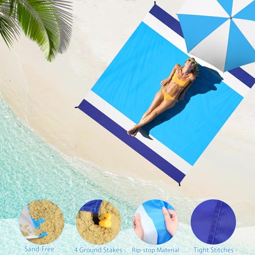 BYDOLL Beach Blanket Waterproof Sandproof Large Sand Free,78''X81''/10'X9' Oversized Sandless Lightweight Blanket Picnic Mat for Beach Travel Camping Hiking with Stakes - color: Blue White, size: 78"X81"