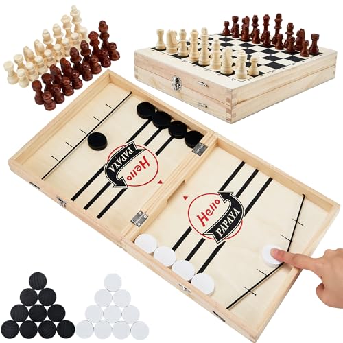 HELLO PAPAYA Foldable Fast Sling Puck Game with Chess Board and Checkers Board, Tic Tac Toe. Wooden Air Hockey Family Night,Table Games Gifts for Adults and Kids - size: X-Large