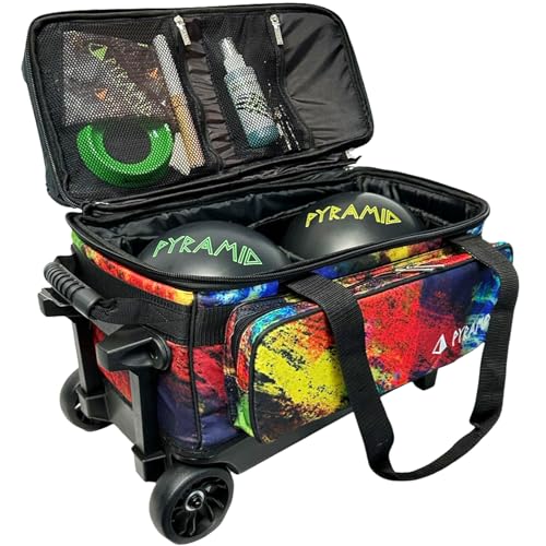 Pyramid Deluxe Double Roller 2 Ball Bowling Bag with Large Separate Shoe Compartment (Up To 2 Pairs Of Shoes) and Accessory Pockets, Sturdy Square Handle - Extends to 40" - Pro Options Available - color: Pro Paint Splash