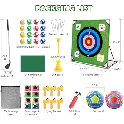 Golf Chipping Game with Stand: 4 in 1 Battle Golf Target Game Set with 16 Sticky Balls, 8 Bean Bags, 2 Soccer Balls, 6 Axes, Indoor Outdoor Yard Games Chipping Practice Mat for Dads Golfers