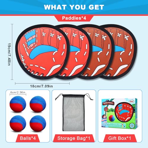 Toss and Catch Ball Game Set for Kids Ages 3-12, 4 Paddles & 4 Sticky Balls, Outdoor Baseball Training Toy for Backyard, Beach, Pool, Birthday Gift for Boys Girls