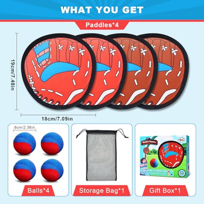 Toss and Catch Ball Game Set for Kids Ages 3-12, 4 Paddles & 4 Sticky Balls, Outdoor Baseball Training Toy for Backyard, Beach, Pool, Birthday Gift for Boys Girls