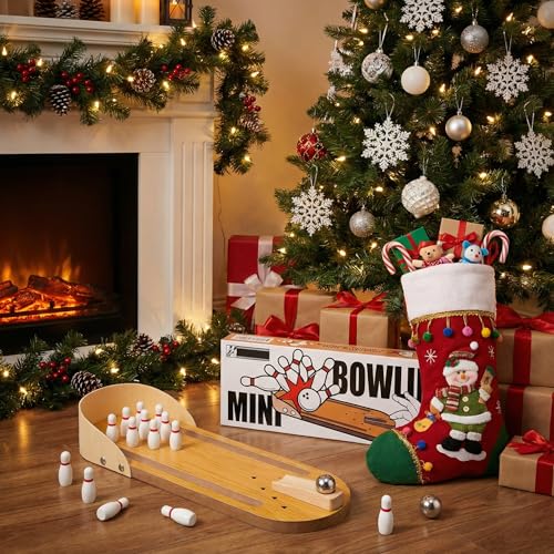 3 Otters Mini Bowling Game Set for Kids & Adults, Indoor Wooden Tabletop Bowling Game Board Games for Multiple Players, Desk Toys Gag Gifts, Shooting Games for Office Stress Relief