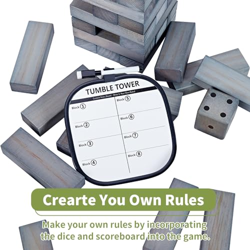 ApudArmis Giant Tumble Tower Stack to Over 5Ft, 56 PCS Pine Wooden Stacking Timber Game with 1 Dice Set - Classic Block Giant Outdoor Game (7.48 * 2.48 * 1.5 in Each Block, Gray) - color: Gray, size: XL-Over 5FT