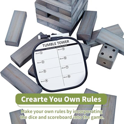 ApudArmis Giant Tumble Tower Stack to Over 5Ft, 56 PCS Pine Wooden Stacking Timber Game with 1 Dice Set - Classic Block Giant Outdoor Game (7.48 * 2.48 * 1.5 in Each Block, Gray) - color: Gray, size: XL-Over 5FT