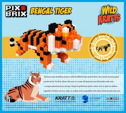 Pix Brix - Pixel Art Kit - Bengal Tiger, 450 Pieces - Patented Slide + Stack Pixel Puzzle Building Bricks, Build & Collect Animals - Stem Toys, Ages 6 Plus - style: Bengal Tiger