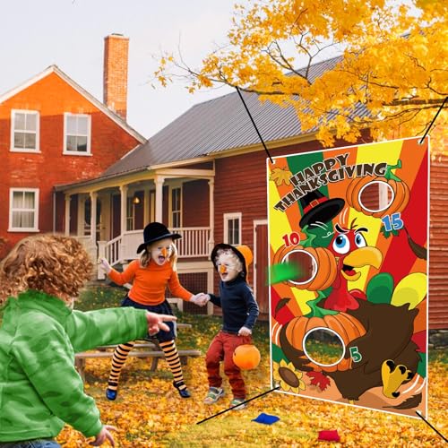 3 Pack Thanksgiving Party Games for Kids Total 18 Pieces Toys Including Inflatable Turkey Hats Ring Toss & Bean Bag Toss & Turkey Beaks Carnival Party Favors Supplies for Family Indoor Outdoor Yard