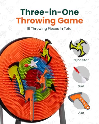 GIRAFFYCO Axe Throwing Game Set for Backyard, Target Stand with 6 Axes, 6 Throwing Stars & 6 Dart-Style Pieces, Indoor/Outdoor Yard Game for Kids, Teens, Adults & Family Play