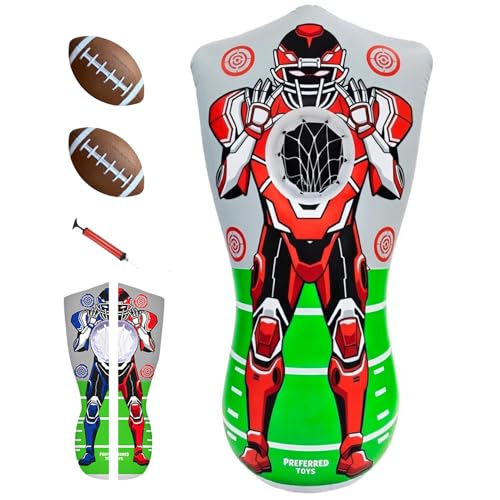 Preferred Toys 65” Inflatable Football Target Net Toss Game - Double-Sided Throwing Practice Football Stuff with Mini Balls - Backyard Tailgate Party Sports Toy for Kids & Adults - color: Robot Red/Blue