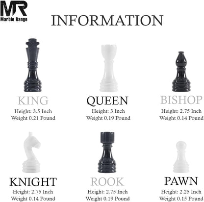 Marble Chess Set 15" Inches Black and White with Storage Box and 2 Extra Queen Handmade Luxury Board Games for Adults, Ideal Marble Chess Board Game Set & Chess Pieces - color: Black & White