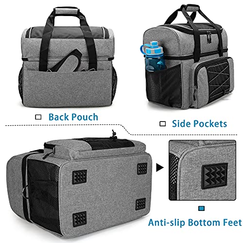DSLEAF Bowling Bag for 2 Balls, Bowling Tote with Wooden Bowling Cups and Padded Divider for Double Ball and A Pair of Bowling Shoes Up to Mens 16 and Extra Essentials (Patent Design), Bag Only - color: grey