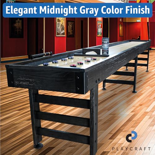 Playcraft Saybrook Shuffleboard Table with DIY Assembly - Fully Knock-Down Shuffle Board Game Table with Abacus, 8 Pucks & Premium Wax - Pro Style Climate Adjusters - Midnight Charcoal Gray - size: 14'