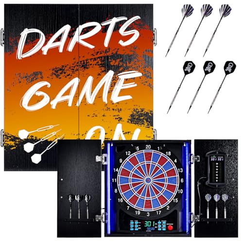 Electronic Dart Board, Electric Dartboard Cabinet Set for Adults [6 Soft Tip Darts] Individual Light Color for Each Player, Wooden Dartboard Cabinet for Family Game - style: GRAFFITI