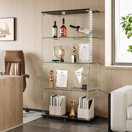 Glass Display Cabinet with 4-Shelf Double Doors and Lock, 5mm Tempered Glass Floor Standing Bookshelf for Living Room, Bedroom, Office, 64 x 31.7 x 14.3 in, Black - size: 64 x 31.7 x 14.3 in -4-Tier
