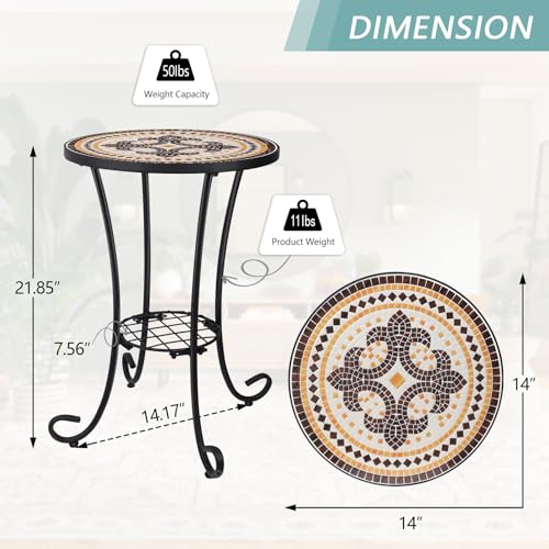 VCUTEKA Outdoor Side Table Mosaic Patio Table Accent Tables Mosaic Tile Top Metal Frame Small End Tables Porch Beach Patio Garden Balcony Tan - color: Tan