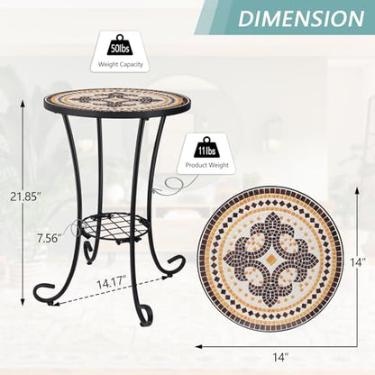 VCUTEKA Outdoor Side Table Mosaic Patio Table Accent Tables Mosaic Tile Top Metal Frame Small End Tables Porch Beach Patio Garden Balcony Tan - color: Tan