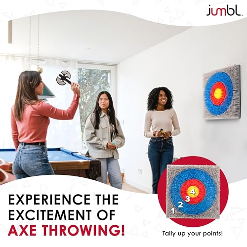 Jumbl Wall-Mounted Axe Throwing Game Set with Bristle Target and 3 Foam Axes, Indoor Safe Play for Adults, Teens, and Kids, Game Room Wall Decor for Basements, Man Caves, Bars, and Family Game Nights