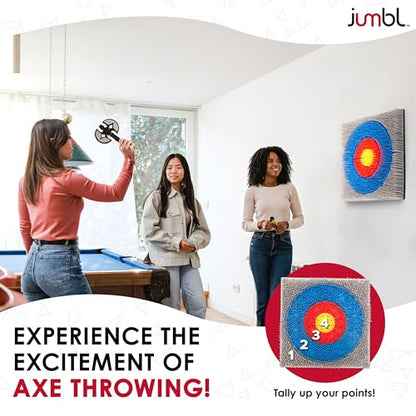 Jumbl Wall-Mounted Axe Throwing Game Set with Bristle Target and 3 Foam Axes, Indoor Safe Play for Adults, Teens, and Kids, Game Room Wall Decor for Basements, Man Caves, Bars, and Family Game Nights