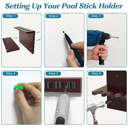 Pool Cue Rack Wall Mount Holder for 6 Sticks - Billiard Table Accessories Organizer, Burgundy - color: Burgundy