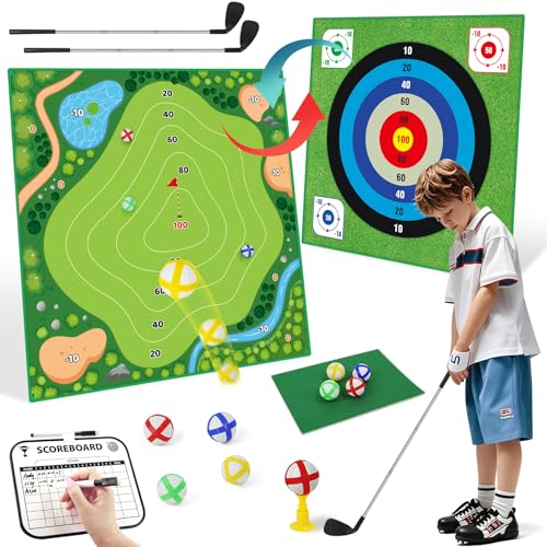 Battle Golf Chipping Game Set for Kids Adults, Chip and Stick Golf Game with 2 Adjustable Clubs, 5×5FT Double-Sided Chipping Practice Mat, 20 Sticky Balls Sport Toy Gift for Indoor Outdoor Family Fun