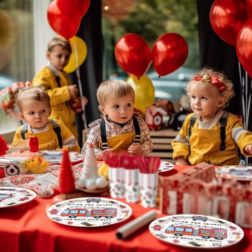 Firetruck Theme Birthday Party Tableware Set with Plates, Napkins, and Forks - style: Firetruck