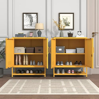 Wide 3-Tier Metal Shoe Storage Cabinet, Multifunctional Household Shoe Organizer with Adjustable Shelves for Home & Entryway Yellow 33" H X 29.5" W X 13.8" D - color: Mustard, style: Cabinet-33"H-AP