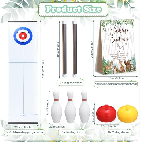 Capoda Tabletop Curling and Bowling Games Baby Shower Game Set Include 8 Curling 6 Bowling 1 Mat 2 Magnetic Strip for Indoor Birthday Bridal Shower Gender Reveal Table Decoration Supplies(Woodland) - style: Woodland