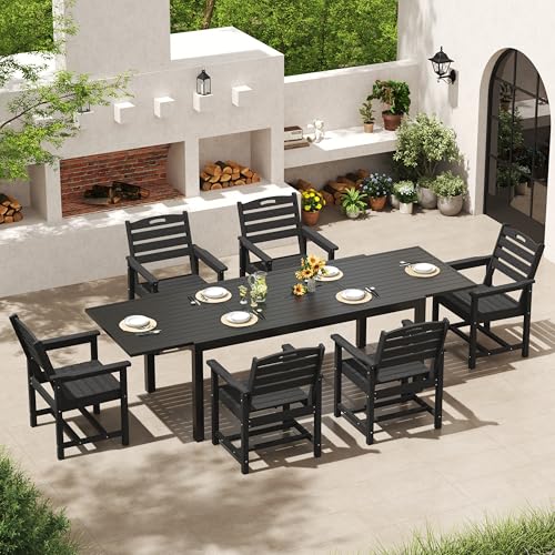 PIZZELLO 7 Pieces Outdoor Dining Set, 106" Extendable Aluminum Patio Dining Table w/ 6Pcs HDPE Patio Chairs, All Weather Outdoor Table and Chairs Sets for Backyard, Garden and Deck - size: 106"Table + 6 HDPE Chairs