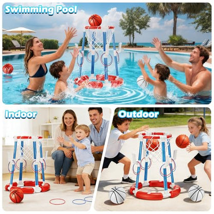 Pool Basketball Hoop, Floating Pool Toy for 3 4 5 6 7 8 9 Years Old Kids Ring Game with 4 Balls 8 Rings & Pump Outdoor Swimming Pool Basketball Games Water Play Toy Family Party for Kids Adults - style: Without Backboard