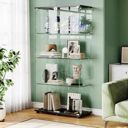 Glass Display Cabinet with 4-Shelf Double Doors and Lock, 5mm Tempered Glass Floor Standing Bookshelf for Living Room, Bedroom, Office, 64 x 31.7 x 14.3 in, Black - size: 64 x 31.7 x 14.3 in -4-Tier