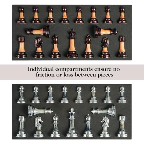 Vamslove Heavy Weighted Acrylic Chess Pieces Only with Leather Base-3.5'' King with Storage Slots-Extra 2 Queens-34 Staunton Tournament Chessmen for Chess Set or Replacement of Missing Pieces