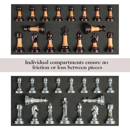 Vamslove Heavy Weighted Acrylic Chess Pieces Only with Leather Base-3.5'' King with Storage Slots-Extra 2 Queens-34 Staunton Tournament Chessmen for Chess Set or Replacement of Missing Pieces