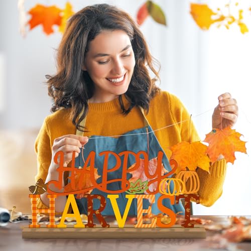 Fall Decorations for Home Metal Happy Harvest Sign, Orange Harvest Pumpkin Table Decor Thanksgiving Tiered Tray Decor Rustic Autumn Metal Sign Tabletop Centerpiece for Home Mantel Shelf Desk - style: Happy Harvest
