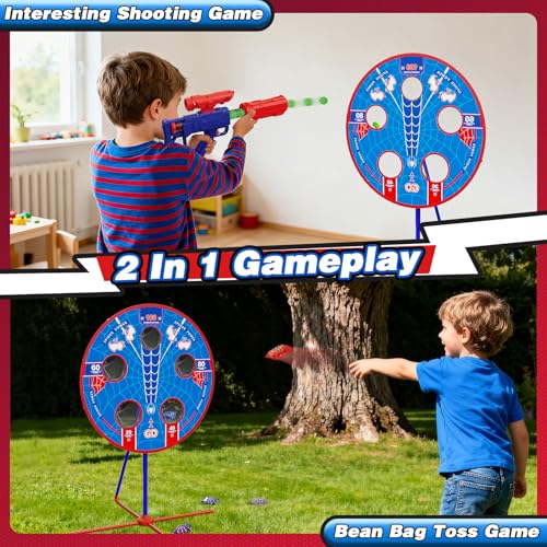 Spider Shooting Games Toys for Kids, Outdoor Indoor Yard Party Game with Rotating Target, 2 Air Blasters & 24 Foam Balls, 2-in-1 Bean Bag Toss Game for Boys Girls Ages 4 5 6 7 8 9 10+ Birthday Gift