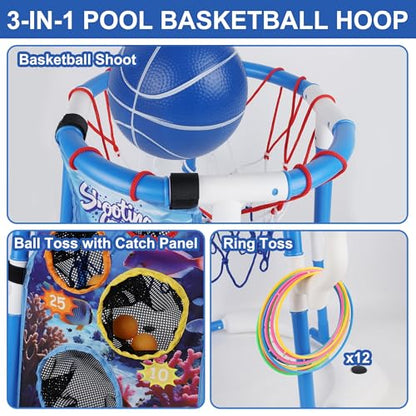 yofit 3-in-1 Pool Basketball Hoop Set, Floating Pool Toys with 14 Balls 12 Rings Toss Games Pump, Outdoor Summer Basketball Game at Swimming Poolside for Kids Ages 4-12 Adults Family Fun - color: Blue