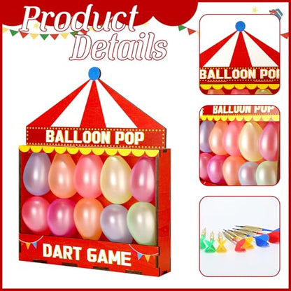 Seenelling Balloon Dart Carnival Game Set Carnival Themed Wooden Box with 500 Balloon 8 Colorful Darts Adhesive Dots for Booth Game Birthday Party Backyard Lawn Event 16.5'' x 12.5'' x 4.5''
