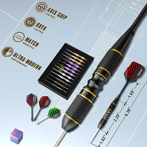 Turnart Darts Metal Tip Set - Steel Tip Darts Darts Set Professional Metal Darts 12 pcs 22/24 Grams Pro Dart Set with Stylish Case Aluminum Shafts Extra 9 Flights - color: Black