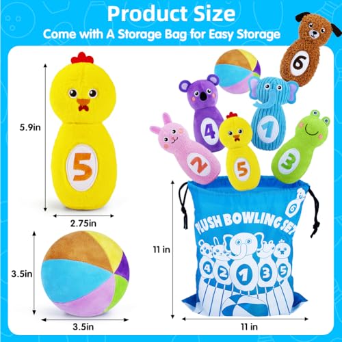 teytoy Baby Bowling Set for Toddlers 1-3, Bowling Games for Kids Indoor with 6 Pins and Storage Bag, Animal Themed Sensory Toys with Rattle & Number, Easter Christmas Birthday Gift